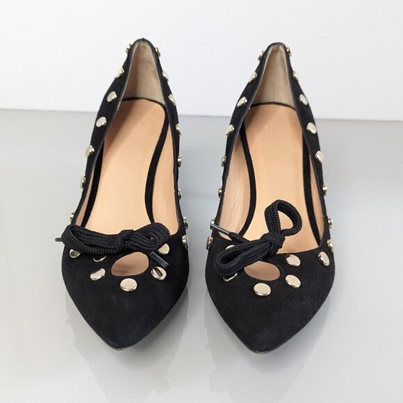 Anthropologie Hoss Intropia Black Pointed Toe Heels Gold Studs Cut Out Bows 37 - Picture 2 of 10